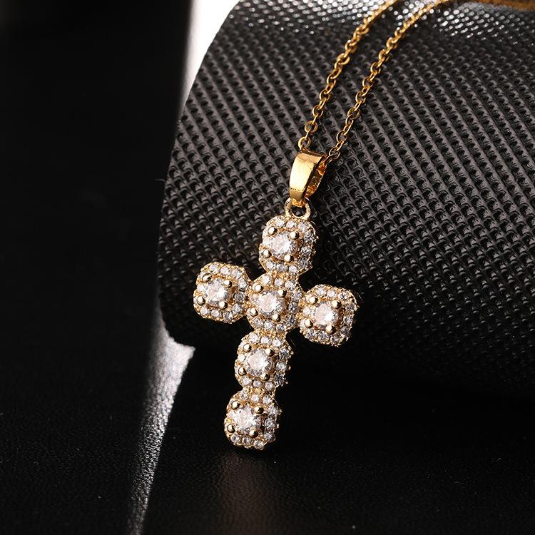 Fashion Classic Gold Plated Cross Necklace for Women European and American Charm Micro Stone Stainless Steel Pendant Jewelry