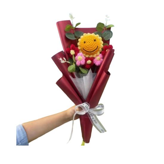 Crochet Flower Bouquet Handmade Knitted Positive Sunflower Artificial Yarn Flower Bouquet Gift for Mother's Day Valentine's Day Anniversary