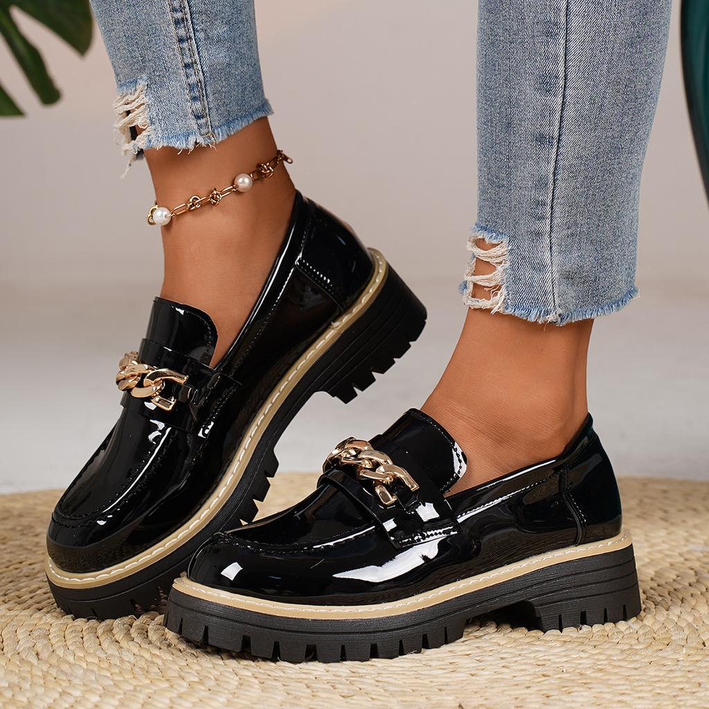 2025 autumn new foreign trade large size round head thick heel thick sole one pedal glossy small leather shoes loafers women