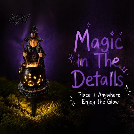 Outdoor Halloween Yard Ornaments Solar Witch Statue with Glowing Cauldron, Garden Light, Festive Patio Illumination Resin Decorative Figurine for Lawn