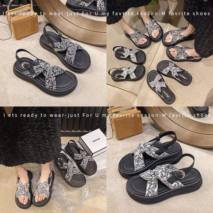 National Style Sandals Women's 2024 Summer New Versatile Cross-embroidered Roman with Skirt Cool Slippers Platform Beach Shoes