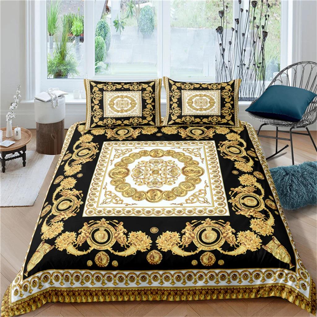 Luxury Black Gold 3Pcs Geometric Queen King Full Size Duvet Cover Bedding Linen Set 2 Seater Bedspread 200x200 240x220 150x200