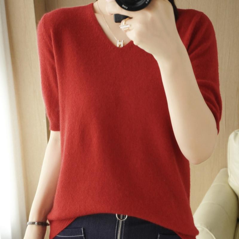 

IHUASU женский весенний джемпер с короткими рукавами, трикотажная одежда с V-образным вырезом и свободным низом, футболка XXL красный