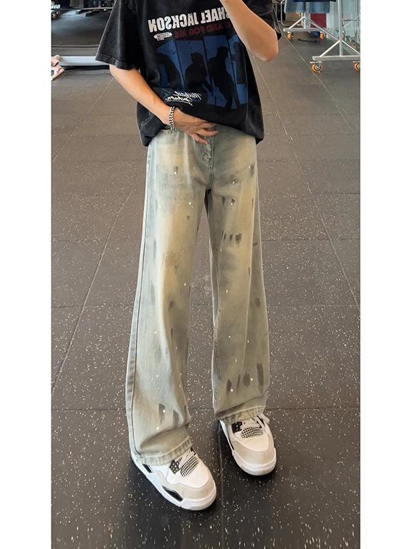 JYL Men s Straight Jeans American Gradient Splash Autumn Wide-Leg Denim XL