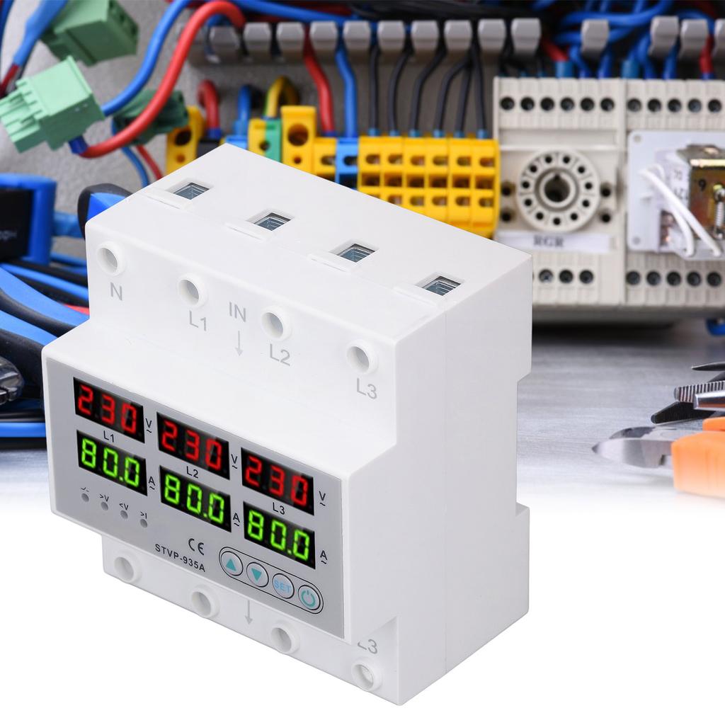 Over Under Voltage Protector 80A 3 Phase Auto Reset Voltage Protective Device DIN Rail Voltmeter Amm