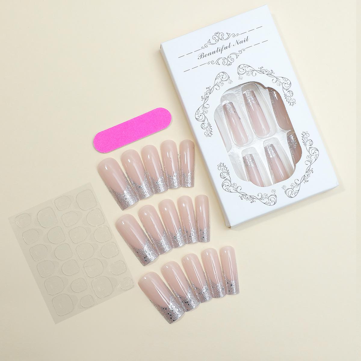 

Набор из 24 длинных нюдовых стилетных съемных накладных ногтей с серебристыми блестящими французскими кончиками