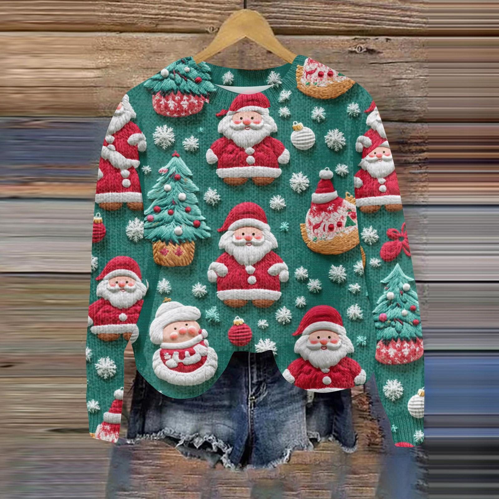 

Рождественские толстовки для женщин Вязаный свитер Милая рубашка Осенний свитер с круглым вырезом Топы XL зелёный