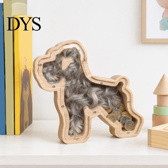 Children Piggy Bank Wooden Dog with Clear Front, Unbreakable Puppy Coin Cash Front Container, Decorative Animal Money Saving Box for Boys Girls