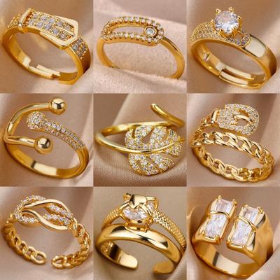 Heiß verkaufter vergoldeter Voll-Diamant Titanstahl nicht verblassender Öffnungsring Damen Zirkon Blattring Damen Senior-Sinn