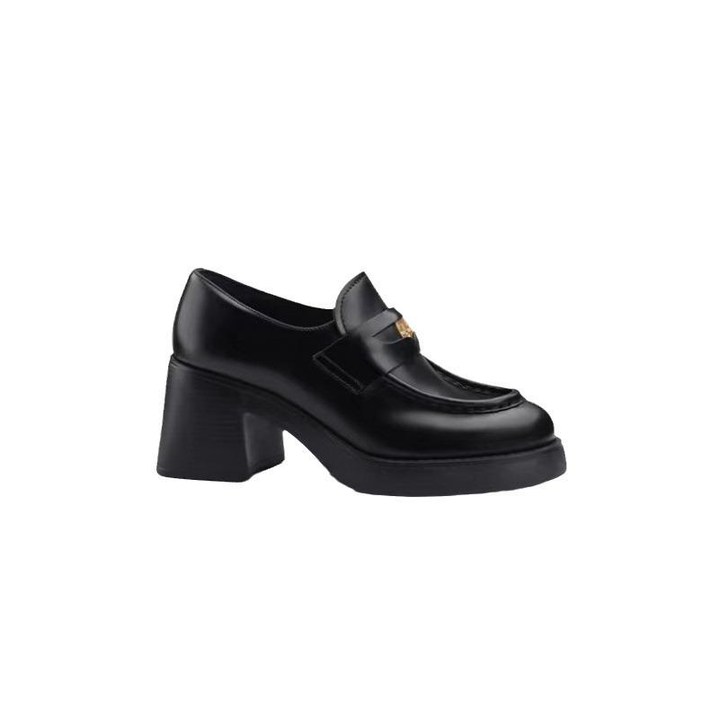 Whole cowhide~ 2025 high-heeled leather loafers women's thick-heeled platform single shoes gold coins black British style small leather shoes
