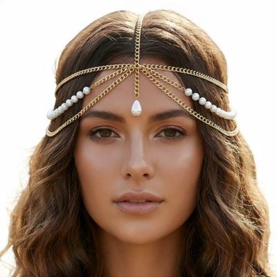 New Party Wedding Head Jewelry Metal Water Drops Imitate Pearls Tassel Head Chain Headpiece For Women Hair Accessories