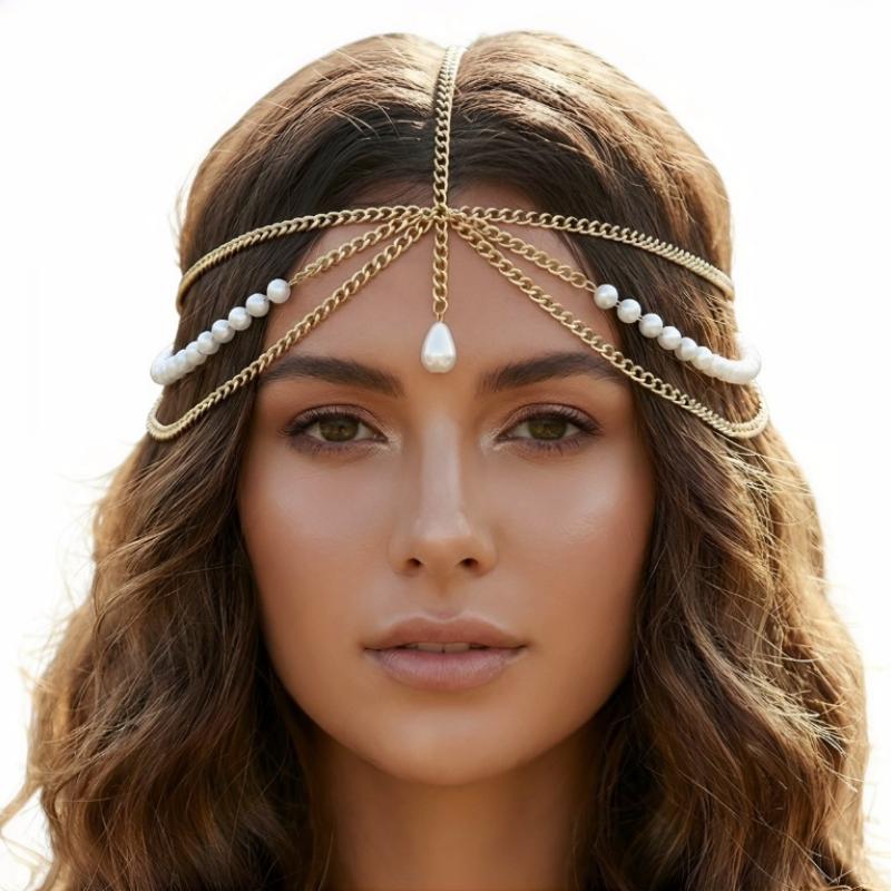 

New Party Wedding Head Jewelry Metal Water Drops Imitate Pearls Tassel Head Chain Headpiece For Women Hair Accessories