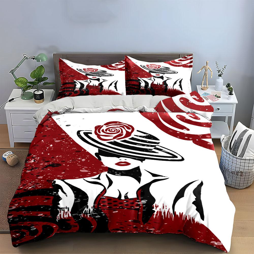 Striped hat, rose, silhouette. Bedding sets Duvet cover sets Duvet covers Pillowcases(1*Duvet Cover 2*Pillowcases without duvet insert)