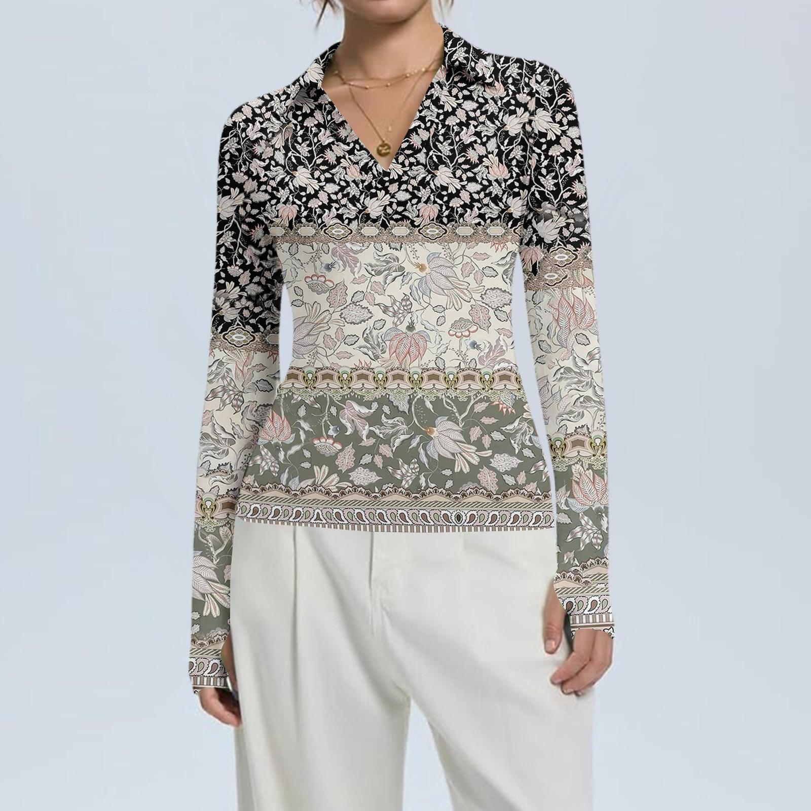 

Женская Мода Повседневный Принт V-образный Вырез Длинный Рукав Застежка на Пуговицы Топ M хаки