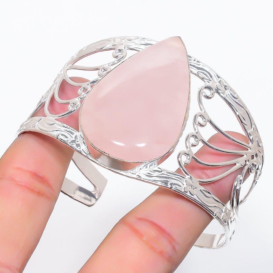 

Natural Rose Quartz Gemstone 925 Sterling Silver Cuff Bangle Adjustable E9p52