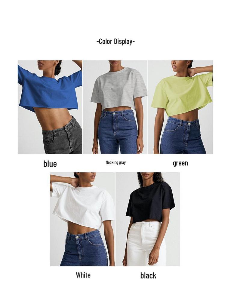Sportliches Damen-Crop-Top mit Rundhalsausschnitt aus Baumwolle - Sommerstil, Kurze Ärmel, 180g Reine Baumwolle, Hot Girl Trend