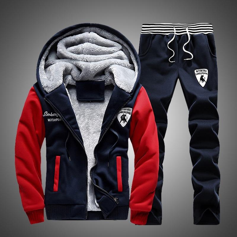 Men's Thickened Thermal Zip Up Hoodie Sweatpants Set Winter Sportswear