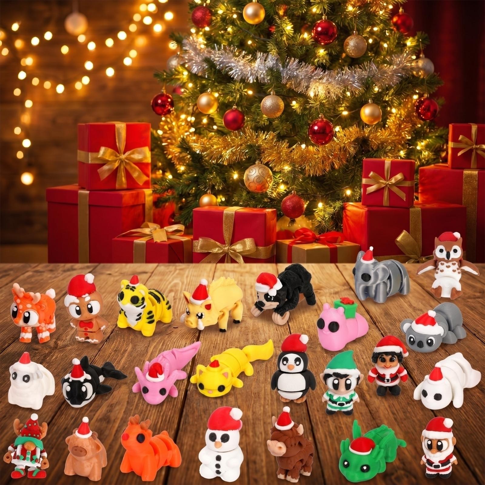 

24pcs 3D Printer Animal Figures Christmas Countdown Calendar Set with Blind Box Surprise for Holiday Decoration and Collectible Toys One Size