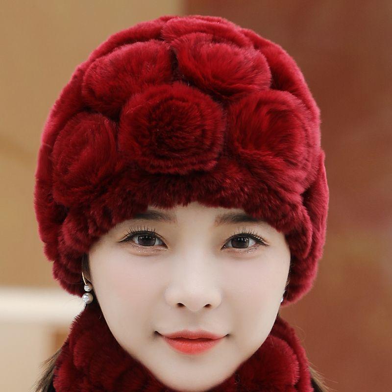 Winter Knitted Hat Women Warm Thickened Padded Floral Solid Color Pattern Middle-aged and Elderly Ear Protection Casual Eave-less Cap