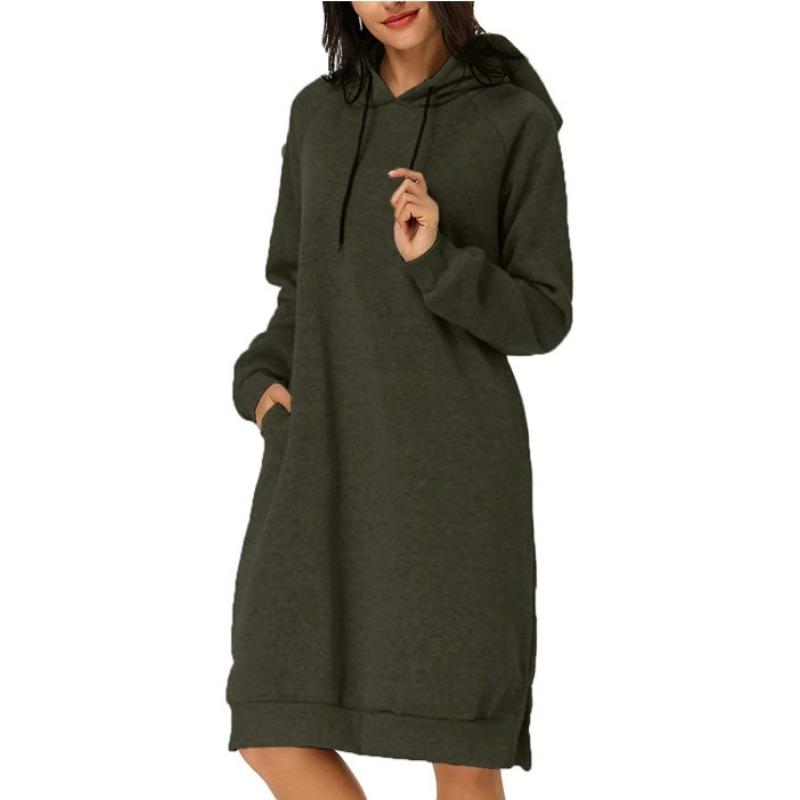GMXIA Autumn and Winter Hooded Pocket Dress Bottom Shirt Mid-Length Sweatshirt Women's Clothing