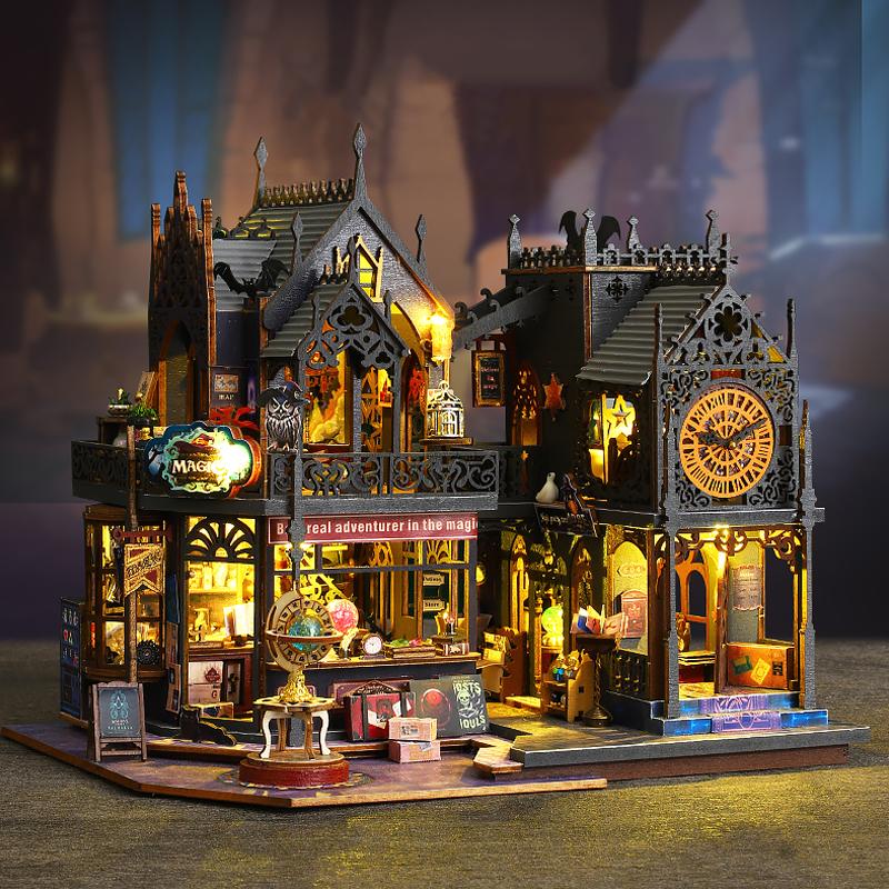 Wooden Doll House Flower Coffee Casa 3D Puzzle Assembly Building Model Dollhouse Bookshelf With Furniture Lights Birthday Gifts