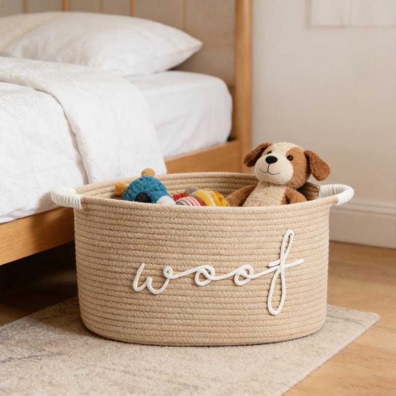 Hand Crafted Cotton Rope Dog Toy Storage Basket Featuring Animal Foot designs And Durable Handles For Home Use P9YB