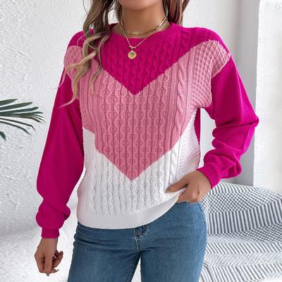 Damen Pullover mit Rundhalsausschnitt, lockere Kontrastfarbe, langärmelig