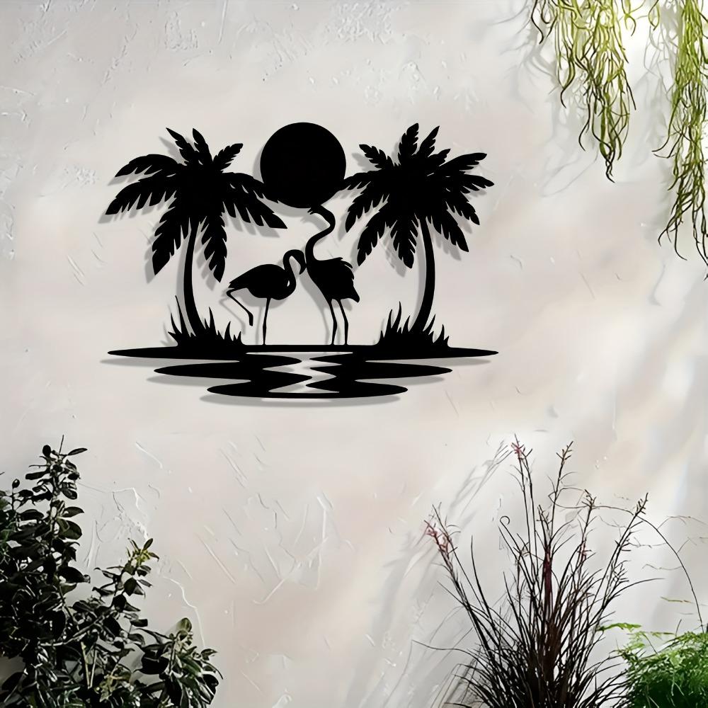 Flamingo Palm Tree Metal Wall Art Modern Tropical Sunset Sign Mural Home Room Patio Yard Indoor Outdoor Decor Gift Boho Farmhouse Hanging Ornament
