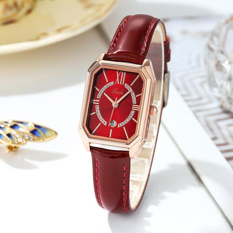 Small Square Plate Women'S Watch Light Luxury Temperament Calendar Women'S Watch Fashion First Layer Cowhide Strap Women'S Watch