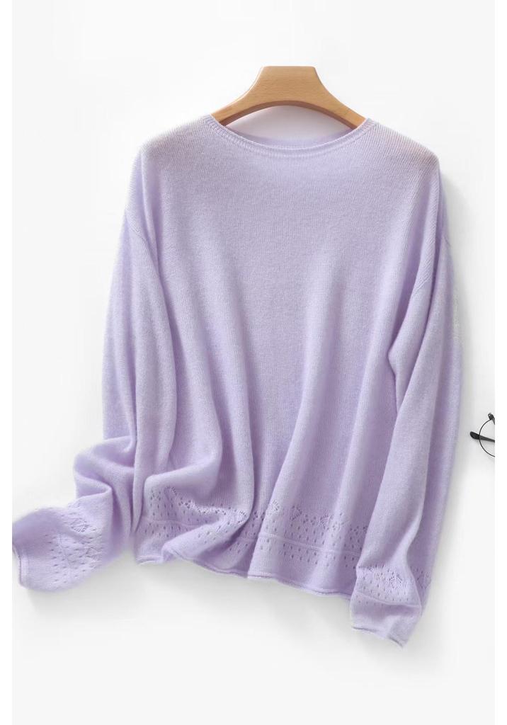 French-Style Silk Hollow Round Neck Knitwear for Women - Spring/Autumn Loose Sun Protection Shirt
