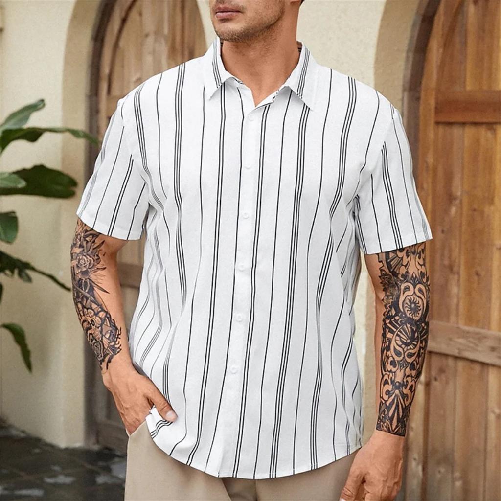 Men's Tropical Plant Print Short Sleeve Shirt, Loose Fit Lapel Button-down Top for Beach Vacation and Daily Wear