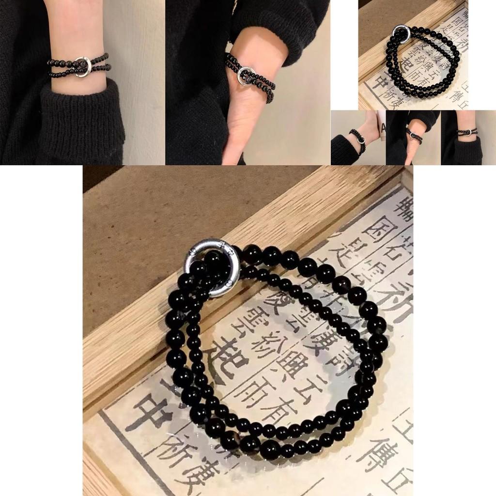 Elegant Black Beaded Bracelet For Men And Women With Handmade Alloy Double Circle Design