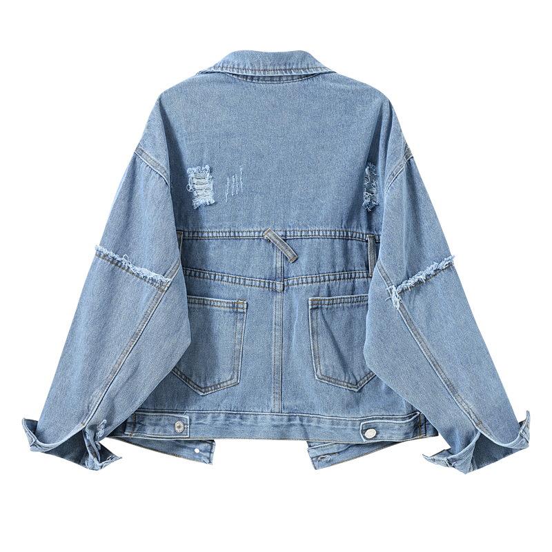 Women's Retro Patchwork Denim Jacket with Frayed Hem - Spring/Autumn, Slimming, Loose Fit, Plus Size, Casual Trend