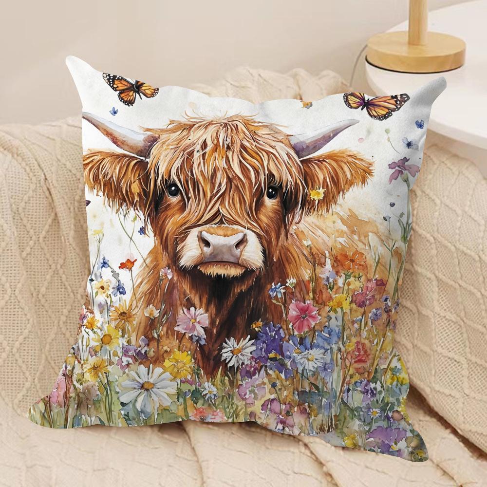 Scottish Highland Cow Cushion Cover Soft Plush Fabric DoubleSided Printed Cushion Covers for All Seasons Modern HomeDecor Gift