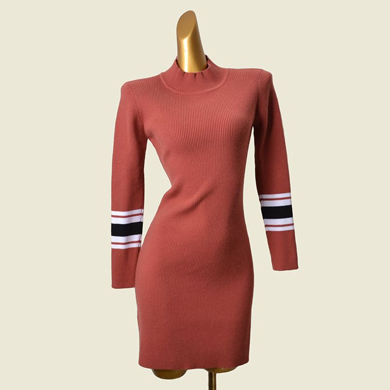 

French Style Half High Collar Autumn and Winter Knitting Dress Women s Pure Desire Style Slim Fit Inner Wear High Waist Slimming Hip Skirt Brick Red One size
