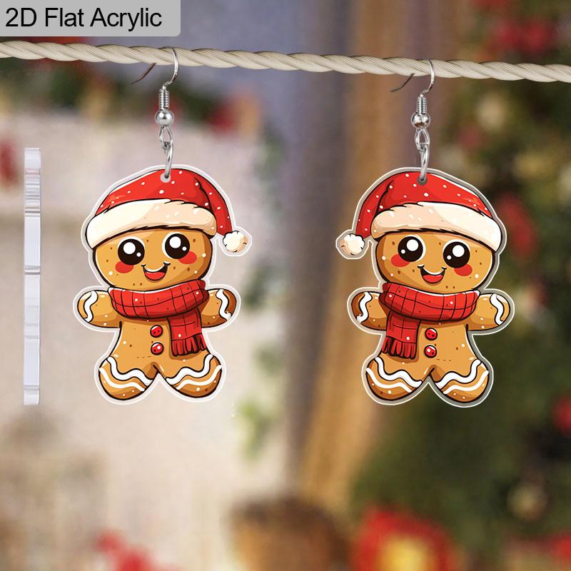 2D Flat Acrylic Cute Christmas Gingerbread Man Dangle Hook Earrings Jewelry Gifts for Women Holiday Party Decorations Charms