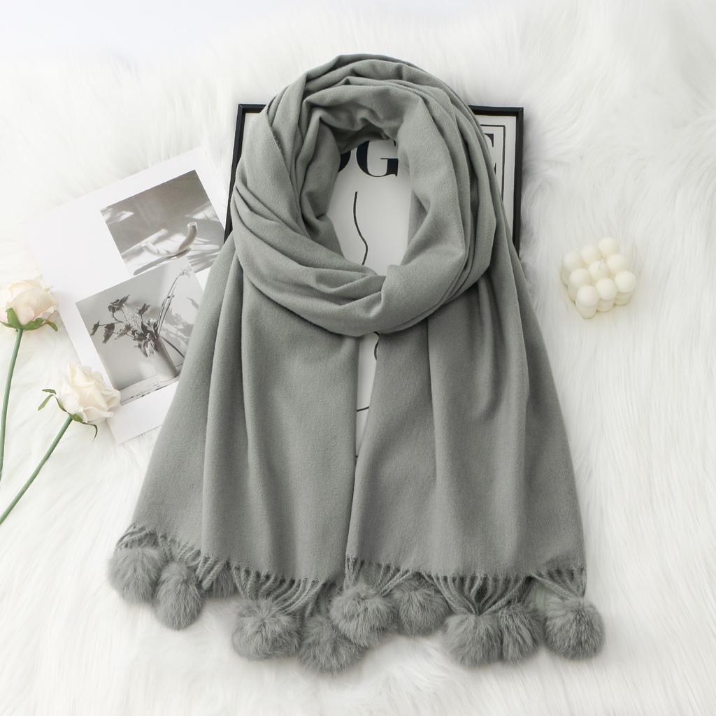 Winter Extended Extra Thick Solid Color Scarfs For Women Muffler With Lovely Hairball Tassel Outdoor Insulation And Warm
