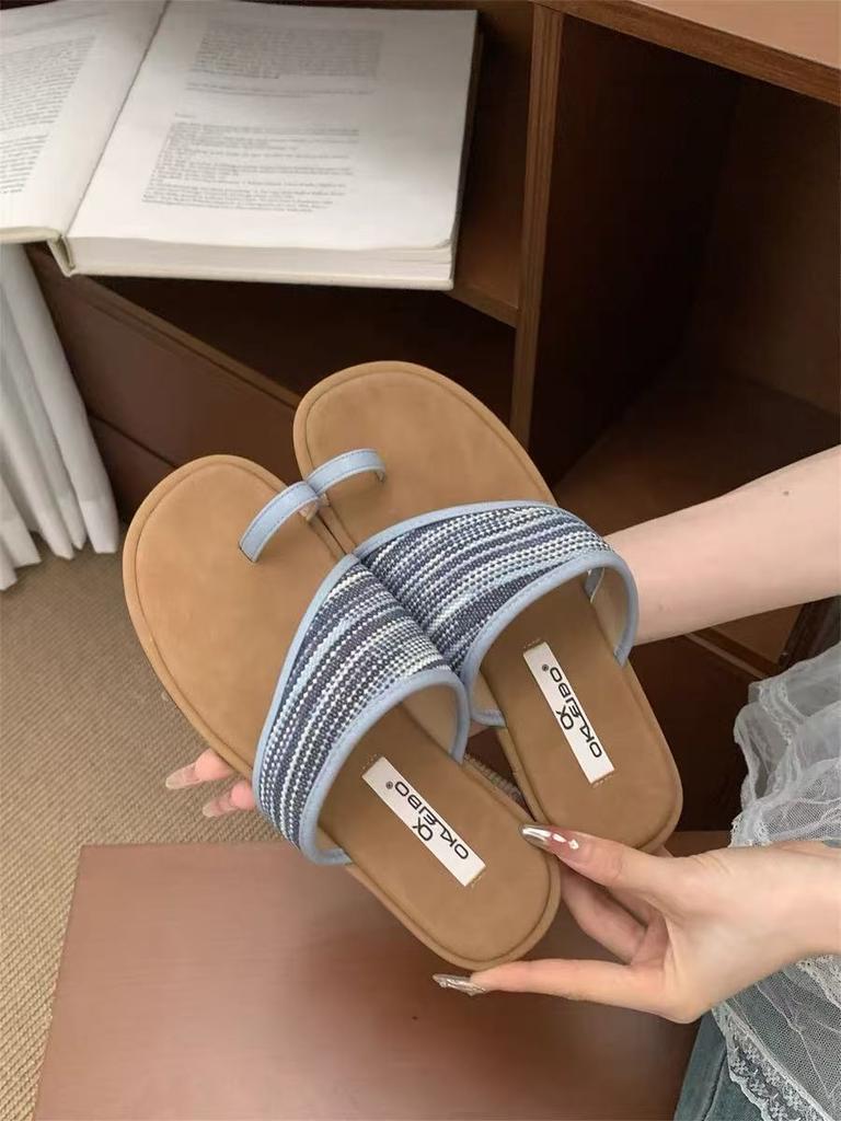 Flat-bottomed Toe French Sandals Fairy Wind Wear 2025 Summer Vintage Woven Seaside Roman Beach Slippers