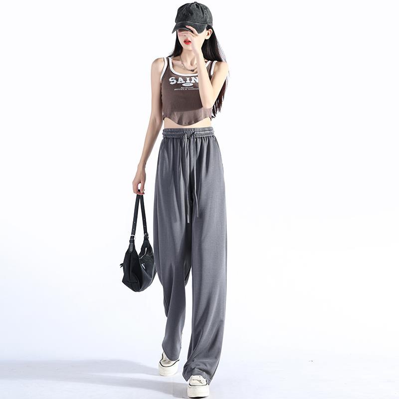 Narrow Wide-leg Pants for Women In Summer Thin High Waist Drooping Gray Small Straight Ice Silk Pants