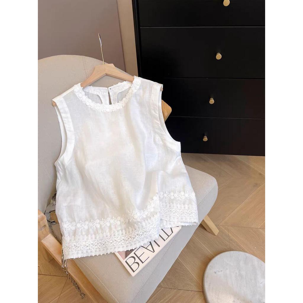 French Summer Premium Light Luxury Chic Lace Embroidery Loose Skinny Sleeveless Vest White Shirt A