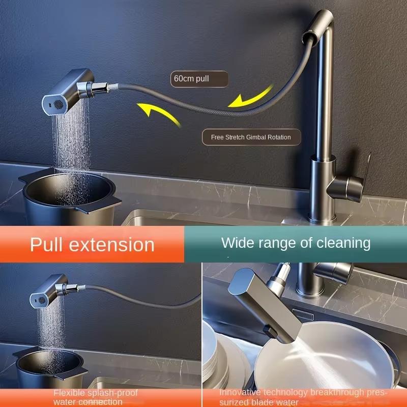 Gunmetal Grey 3 Mode Pull Out Kitchen Faucet with Waterfall Sprayer Single Hole Deck Mount Hot and Cold Water Mixing Faucet.