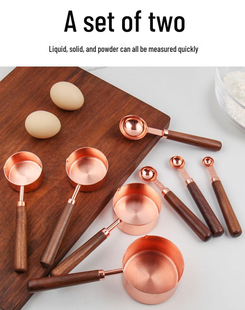 Gold-Plated Stainless Steel Measuring Cups & Spoons with Solid Wood Handles and Scale Markings for Baking.