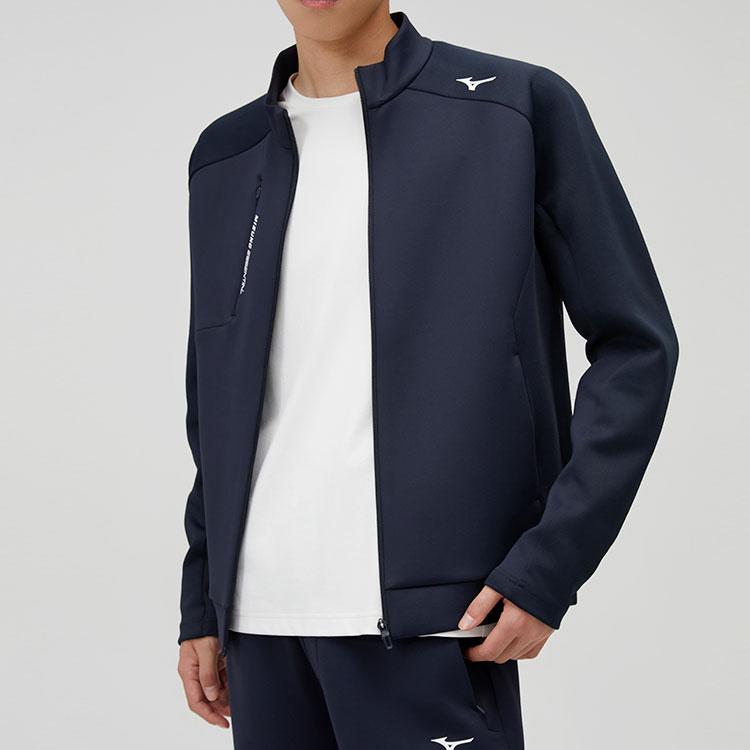 Mizuno Essential Series Logo Print Stand Collar Zip Comfortable Casual Sports Long Sleeve Jacket Men Jacket Midnight-Blue K2CC41A114