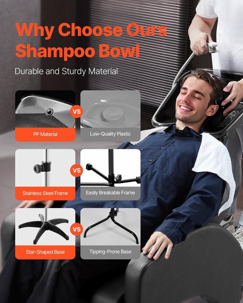 Portable Shampoo Bowl, Shampoo Sink with Adjustable Height & Angle, Salon Hair Wash Sink with Drain Hose and Star-Shaped Support Base for Barbershop