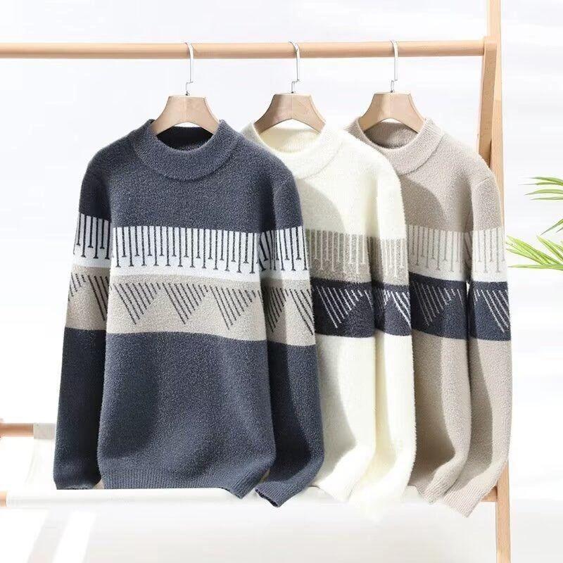 Sweater Men's Semi High Neck Thick Trendy Brand Autumn and Winter Knitted Base Sweater with Warm Clothing Underneath