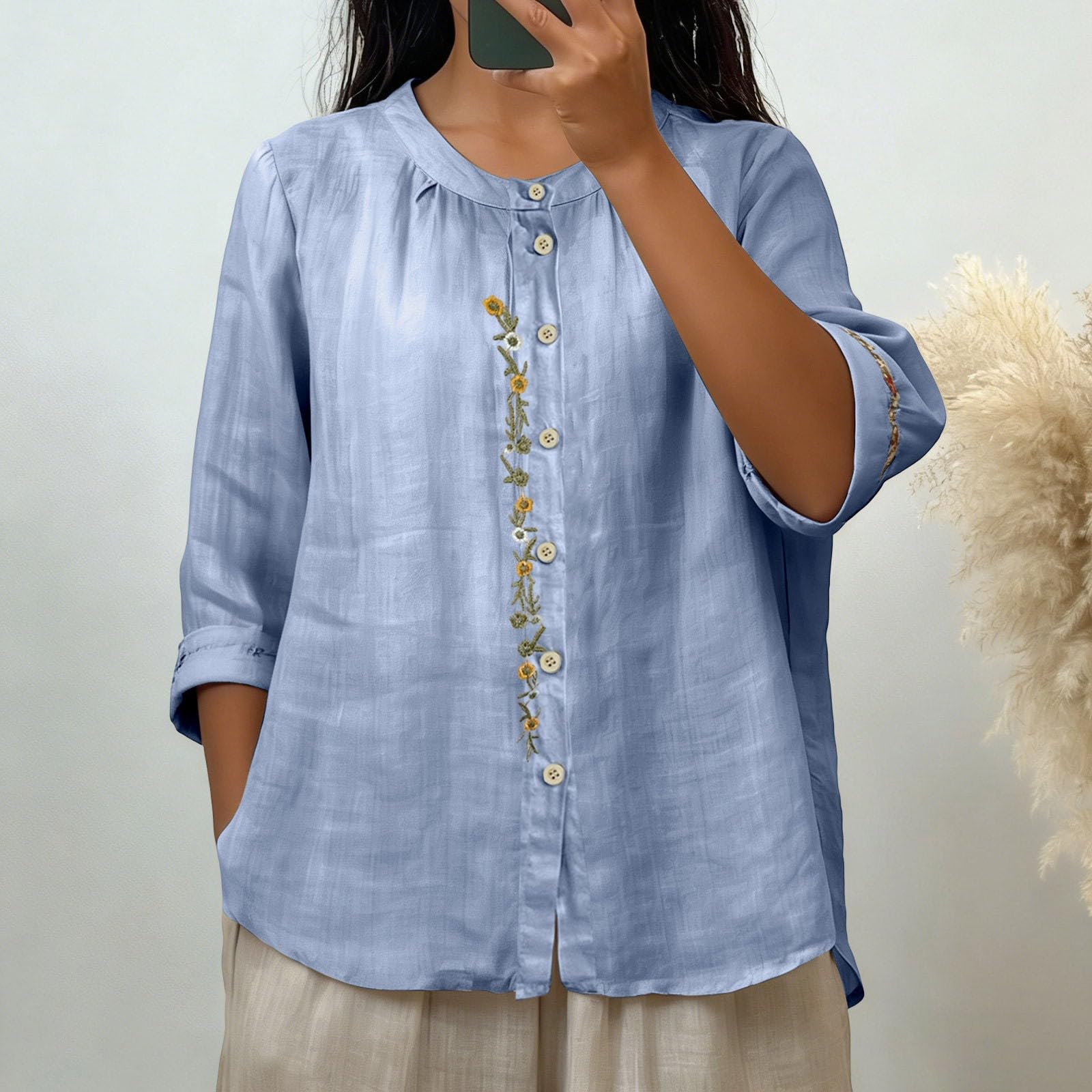 

Women 3/4 Sleeve Crew Neck Button Down Shirt Loose Fit Bohemian Embroidered Casual Blouse Top for Everyday Wear XL синий