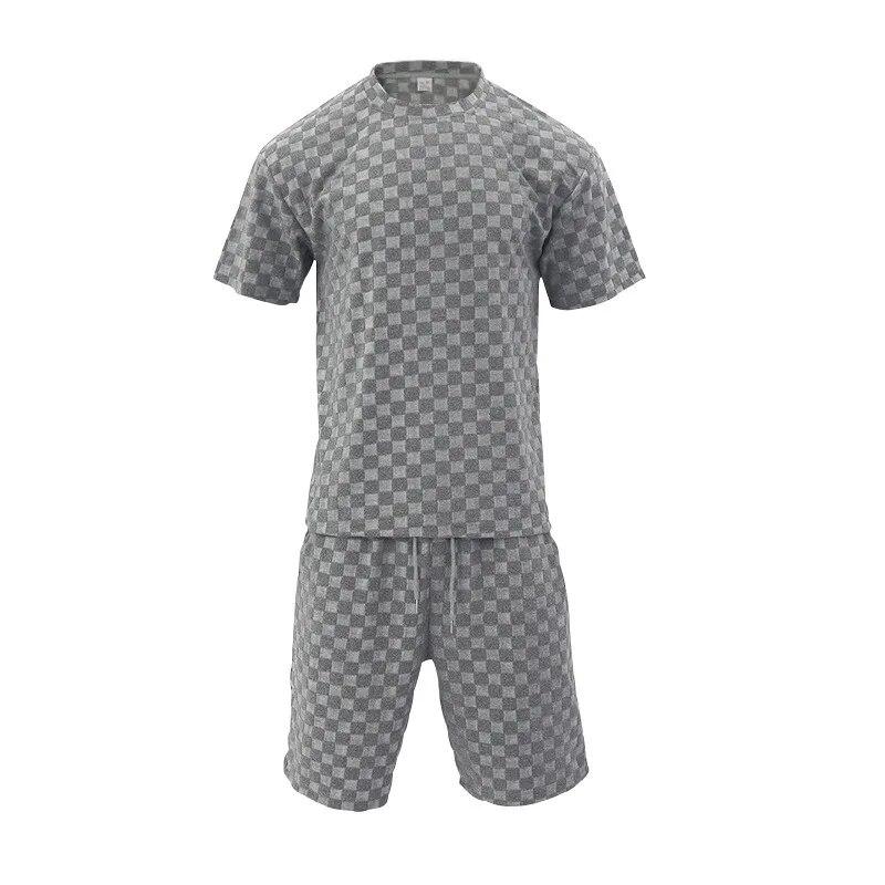 Men's Sports Suit Summer Korean High Street Jacquard Plaid T-shirt Shorts Two-piece Set Male Casual Retro Loose O-neck Top