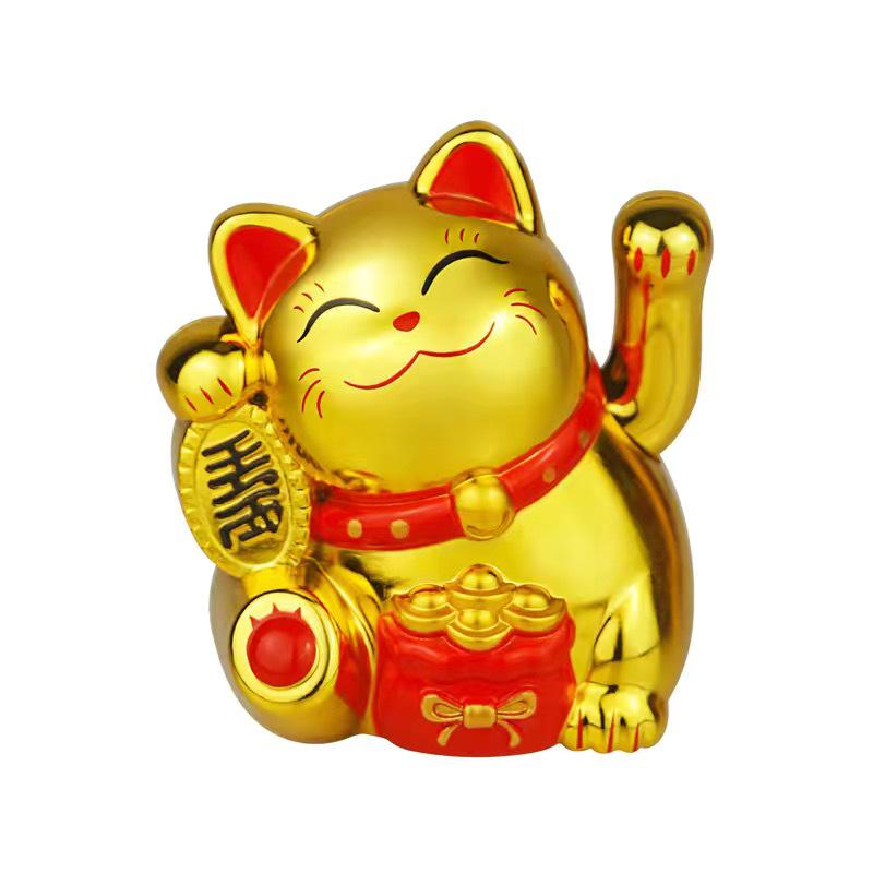 

2 Cute Golden Solar Lucky Cat with Waving Hand Figurine for Desktop Décor