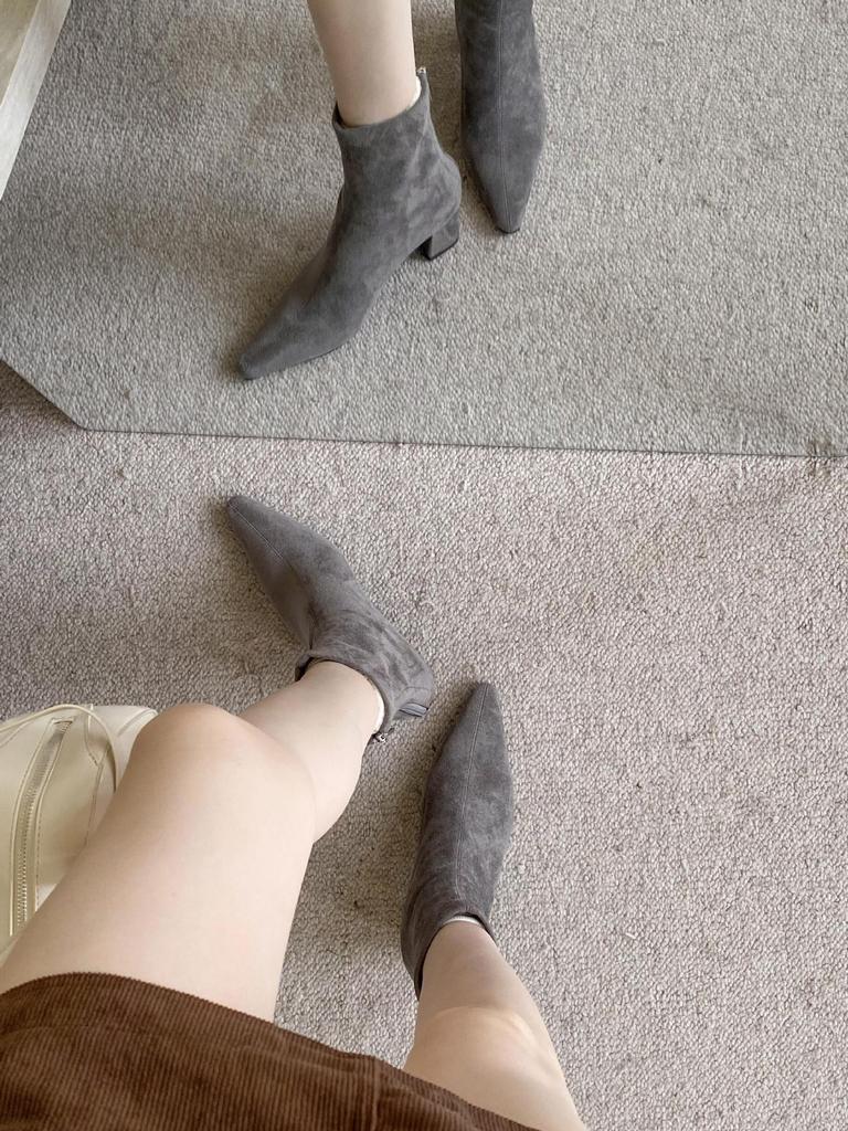 2025 autumn new square head thick heel high heel temperament French fashion suede sexy beautiful women short boots