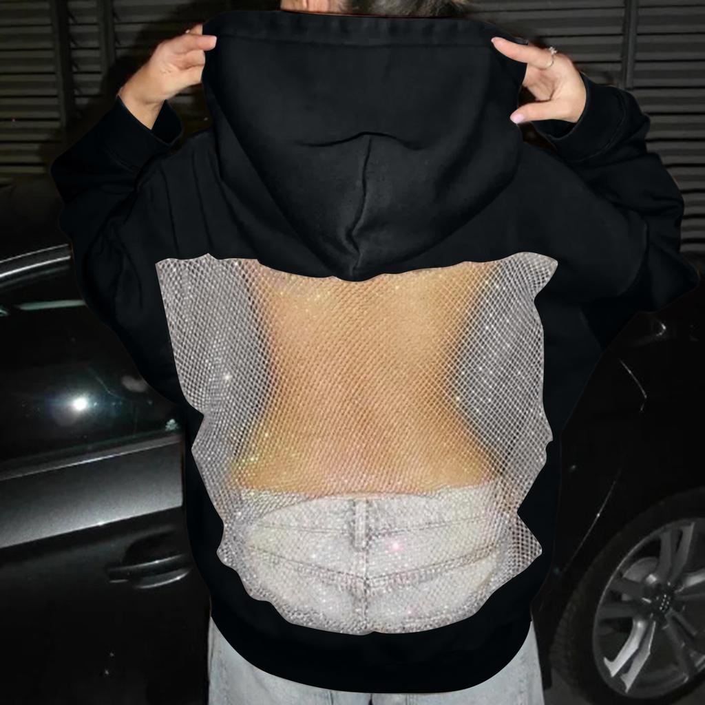 Damen Einfarbiges Modisches Rückenfreies Hollow Mesh Langarm Kapuzensweatshirt